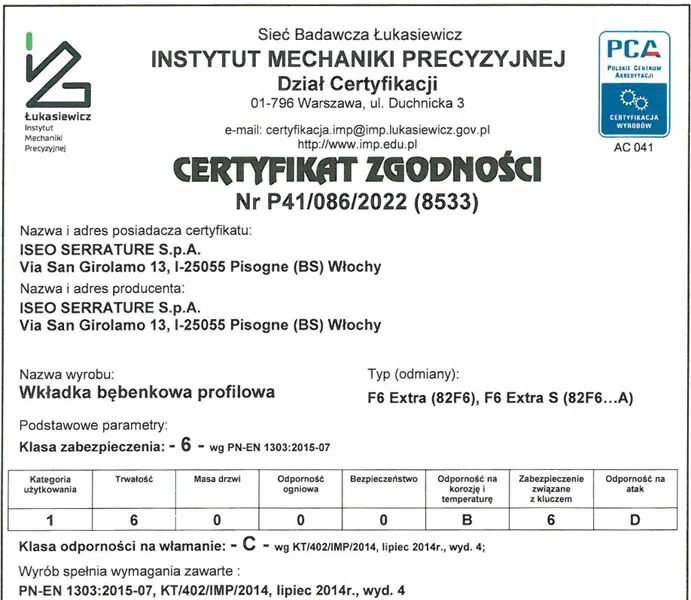 Wkładka bębenkowa dwustronna do gałki F6 Extra - certyfikat IMP